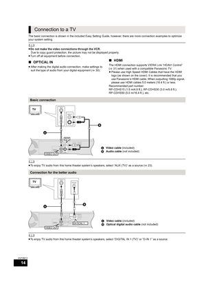 Page 1414
VQT2M13
The basic connection is shown in the included Easy Setting Guide, however, there are more connection examples to optimize 
your system setting.
	≥Do not make the video connections through the VCR.
Due to copy guard protection, the picture may not be displayed properly.
≥Turn off all equipment before connection.
∫OPTICAL IN
≥After making the digital audio connection, make settings to 
suit the type of audio from your digital equipment (>30).
∫HDMI
The HDMI connection supports VIERA Link “HDAVI...