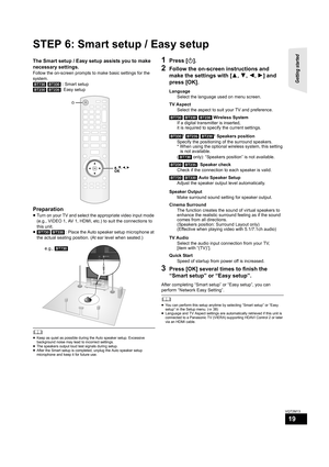 Page 19Getting started 
19
VQT2M13
STEP 6: Smart setup / Easy setup
The Smart setup / Easy setup assists you to make 
necessary settings.
Follow the on-screen prompts to make basic settings for the 
system.
[BT730] [BT330] : Smart setup
[BT230] [BT235]: Easy setup
Preparation
≥Turn on your TV and select the appropriate video input mode 
(e.g., VIDEO 1, AV 1, HDMI, etc.) to suit the connections to 
this unit. 
≥[BT730] [BT330] : Place the Auto speaker setup microphone at 
the actual seating position. (At ear...