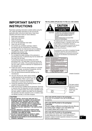 Page 33
VQT2M13
IMPORTANT SAFETY 
INSTRUCTIONS
Read these operating instructions carefully before using the 
unit. Follow the safety instructions on the unit and the 
applicable safety instructions listed below. Keep these 
operating instructions handy for future reference.
1 Read these instructions.
2 Keep these instructions.
3 Heed all warnings.
4 Follow all instructions.
5 Do not use this apparatus near water.
6 Clean only with dry cloth.
7 Do not block any ventilation openings. Install in 
accordance with...