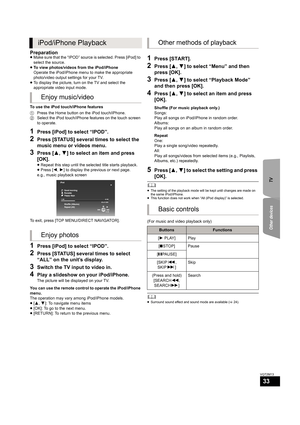 Page 33TV Other devices
33
VQT2M13
Preparation≥Make sure that the “IPOD” source is selected. Press [iPod] to 
select the source.
≥To view photos/videos from the iPod/iPhone
Operate the iPod/iPhone menu to make the appropriate 
photo/video output settings for your TV. 
≥To display the picture, turn on the TV and select the 
appropriate video input mode.
To use the iPod touch/iPhone features
1Press the Home button on the iPod touch/iPhone.
2Select the iPod touch/iPhone features on the touch screen 
to operate....