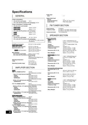 Page 4848
VQT2M13
Specifications
GENERAL
Power consumption:
(For the U.S.A. and Canada):90 W
(For units with PX printed on the packaging): 100 W
Power consumption in standby mode:
(For the U.S.A. and Canada):
[BT730] [BT330]:Approx. 0.05 W
[BT230] [BT235]:Approx. 0.1 W
(For units with PX printed on the packaging):
[BT730]:Approx. 0.1 W
[BT230]:Approx. 0.2 W
Power supply:
(For the U.S.A. and Canada):AC 120 V, 60 Hz
(For units with PX printed on the packaging):
AC 110 V to 127 V, 220 V to 240 V, 
50 Hz/60 Hz...