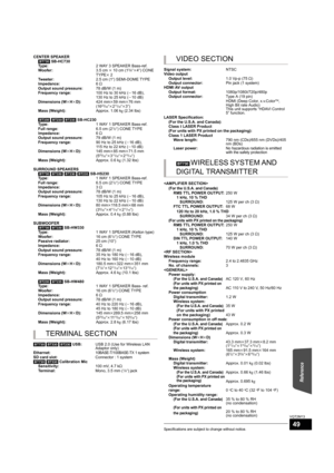 Page 49Reference
49
VQT2M13
Specifications are subject to change without notice.
CENTER SPEAKER
[BT730] SB-HC730
Ty p e :2 WAY 3 SPEAKER Bass-ref.
Woofer:3.5 cm k 10 cm (1
3/8qk4q) CONE 
TYPEk 2
Tweeter:2.5 cm (1q) SEMI-DOME TYPE
Impedance:6≠
Output sound pressure:78 dB/W (1 m)
Frequency range:100 Hz to 30 kHz (j16 dB),
130 Hz to 25 kHz (j10 dB)
Dimensions (WkHkD):424 mmk59 mmk76 mm
(16
23/32qk211/32qk3q)
Mass (Weight):Approx. 1.06 kg (2.34 lbs)
[BT330] [BT230] [BT235] SB-HC230
Ty p e :1 WAY 1 SPEAKER...