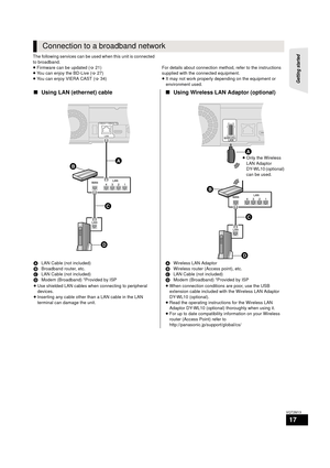 Page 17Getting started 
17
VQT2M13
The following services can be used when this unit is connected 
to broadband.
≥ Firmware can be updated  (> 21)
≥ You can enjoy the BD-Live ( >27)
≥ You can enjoy VIERA CAST ( >34) For details about connection method, refer to the instructions 
supplied with the connected equipment.
≥
It may not work properly depending on the equipment or 
environment used.
Connection to a broadband network
∫ Using LAN (ethernet) cable ∫Using Wireless LAN Adaptor (optional)
A LAN Cable (not...