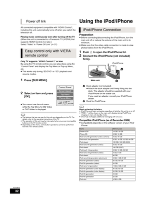 Page 3232
VQT2M13
All connected equipment compatible with “HDAVI Control”, 
including this unit, automatically turns off when you switch the 
television off.
Playing music continuously even after turning off the TV
(When the unit is connected to a Panasonic TV (VIERA) that 
supports HDAVI Control 2 or later.)
Select “Video” in “Power Off Link” (>37)
Only TV supports “HDAVI Control 2” or later
By using the TV remote control, you can play discs using the 
“Control Panel” and display the Top Menu or Pop-up Menu,...