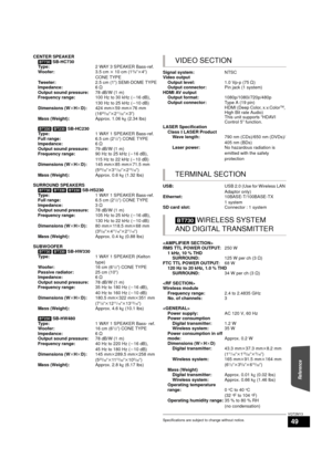 Page 49Reference
49
VQT2M13
Specifications are subject to change without notice.
CENTER SPEAKER[BT730]  SB-HC730
Ty p e : 2 WAY 3 SPEAKER Bass-ref.
Woofer: 3.5 cm k 10 cm (1
3/8qk4 q) 
CONE TYPE
Tweeter: 2.5 cm (1q) SEMI-DOME TYPE
Impedance: 6≠
Output sound pressure: 78 dB/W (1 m)
Frequency range: 100 Hz to 30 kHz (j16 dB), 
130 Hz to 25 kHz ( j10 dB)
Dimensions (WkH kD): 424 mm k59 mm k76 mm
(16
23/32qk 211/32qk3 q)
Mass (Weight): Approx. 1.06 kg (2.34 lbs)
[BT330] [BT230]  SB-HC230
Ty p e : 1 WAY 1 SPEAKER...