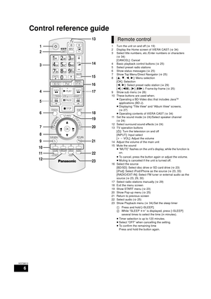 Page 66
VQT2M13
Control reference guide
1 Turn the unit on and off (>19)
2 Display the Home screen of VIERA CAST ( >34)
3 Select title numbers, etc./Enter numbers or characters  (>34)
[CANCEL]: Cancel
4 Basic playback control buttons ( >25)
5 Select preset radio stations
6 Show status messages ( >25)
7 Show Top Menu/Direct Navigator ( >25)
8[ 3,4 ,2, 1]: Menu selection
[OK]: Selection
[ 2 ,1 ]: Select preset radio station ( >29)
[ 2 ] (2; ), [1] (;1 ): Frame-by-frame ( >25)
9 Show sub menu ( >26)
10 These...