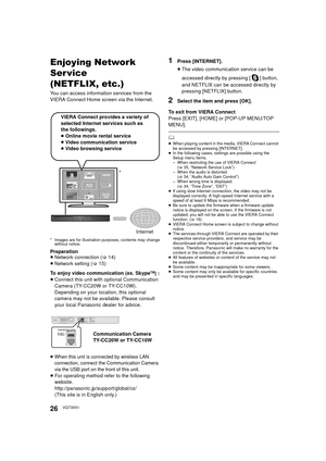 Page 2626VQT3X51
Advan ced operatio nsEnjoying Network 
Ser vice
(NETFLIX, etc.)
You can access information services from the 
VIERA Connect Home screen via the Internet.
* Images are for illustration purposes, contents may change without notice.
Preparation
≥Network connection ( >14)
≥ Network setting ( >15)
To enjoy video communication (ex. Skype
TM)  :
≥ Connect this unit with optional Communication 
Camera (TY-CC20W or TY-CC10W).
Depending on your location, this optional 
camera may not be available. Please...