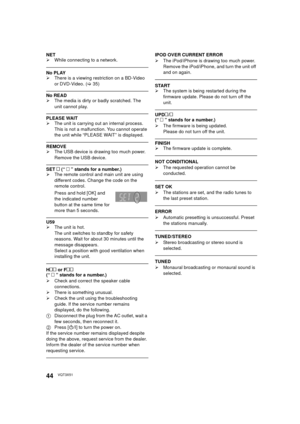 Page 4444VQT3X51
NET
¾While connecting to a network.
No PLAY
¾There is a viewing restriction on a BD-Video 
or DVD-Video. ( >35)
No READ
¾ The media is dirty or badly scratched. The 
unit cannot play.
PLEASE WAIT
¾The unit is carrying out an internal process. 
This is not a malfunction. You cannot operate 
the unit while “PLEASE WAIT” is displayed.
REMOVE
¾The USB device is drawing too much power. 
Remove the USB device.
SET   (“    ” stands for a number.)
¾ The remote control and main unit are using...