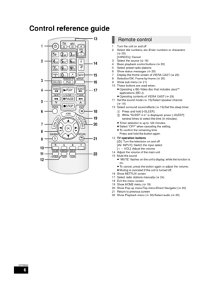 Page 66
VQT3M40
Control reference guide
1 Turn the unit on and off 
2 Select title numbers, etc./Enter numbers or characters (>29)
[CANCEL]: Cancel
3 Select the source ( >18)
4 Basic playback control buttons ( >20)
5 Select preset radio stations
6 Show status messages ( >20)
7 Display the Home screen of VIERA CAST ( >29)
8 Selection/OK, Frame-by-frame (> 20)
9 Show sub menu ( >21)
10 These buttons are used when;
≥Operating a BD-Video disc that includes Java
TM 
applications (BD-J).
≥ Operating contents of...