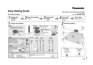 Page 1VQC8346F0111MH0
1212 34



 
1FRONT
Lch
à







Easy Setting GuideThe order of setting
Prepare the speakersPlace the speakers
Refer to the rear label of the speaker before connecting the 
corresponding cable.
Verify the type of speaker with the label on the rear of the 
speaker.
Speakers

Front speakers FRONT/AVANT
Center speaker CENTER/CENTRE
Surround speakers SURROUND/AMBIOPHONIE
Blu-ray Disc
TM Home Theater Sound System
Model No.
 SC-BTT273
e.g.,
Prepare the 
speakersSee below
Place...
