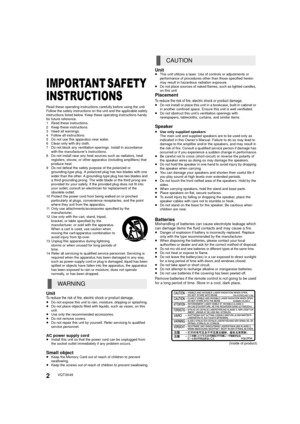 Page 22VQT3X49
Getting started
IMPORTANT SAFETY 
INSTRUCTIONS
Read these operating instructions carefully before using the unit. 
Follow the safety instructions on the unit and the applicable safety 
instructions listed below. Keep these operating instructions handy 
for future reference.
1 Read these instructions.
2 Keep these instructions.
3 Heed all warnings.
4 Follow all instructions.
5 Do not use this apparatus near water.
6 Clean only with dry cloth.
7 Do not block any ventilation openings. Install in...