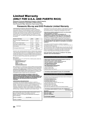 Page 5454VQT3X49
Limited Warranty 
(ONLY FOR U.S.A. AND PUERTO RICO)
Panasonic Consumer Marketing Company of North America, 
Division of Panasonic Corporation of North America
One Panasonic Way, Secaucus, New Jersey 07094
Panasonic Blu-ray and DVD Products Limited Warranty
Limited Warranty Coverage (For USA and Puerto Rico Only)
If your product does not work properly because of a defect in materials or 
workmanship, Panasonic Consumer Marketing Company of North America 
(referred to as “the warrantor”) will,...