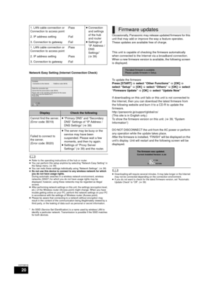 Page 2020
VQT2W18
Network Easy Setting (Internet Connection Check)
	≥Refer to the operating instructions of the hub or router.
≥ You can perform this setup anytime by selecting “Network Easy Setting” in 
the Setup menu. ( >39)
≥ You can redo these settings individually using “Network Settings”. ( >39)
≥ Do not use this device to connect to any wireless network for which 
you do not have usage rights.
During automatic seaches in a wireless network environment, wireless 
networks (SSID*) for which you do not have...