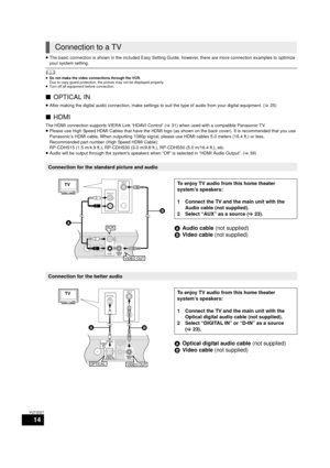 Page 1414
VQT3D27
≥The basic connection is shown in the included Easy Setting Guide,  however, there are more connection examples to optimize 
your system setting.
	≥ Do not make the video connections through the VCR.
Due to copy guard protection, the picture may not be displayed properly.
≥ Turn off all equipment before connection.
∫ OPTICAL IN
≥After making the digital audio connection, make settings to suit the type of audio from your digital equipment. ( >25)
∫HDMI
The HDMI connection supports VIERA Link...