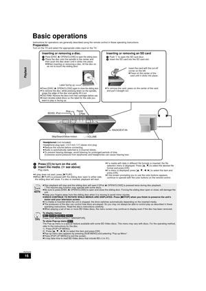 Page 1616
RQT9479
Basic operations
Instructions for operations are generally described using the remote control in these operating instructions.
PreparationTurn on the TV and select the appropriate video input on the TV.
1Press [ Í] to turn on the unit.
2 Insert the media. ( Bsee above)
Play starts. ≥
If a media with data in different file formats is inserted, the file 
selection menu is displayed. Press [ 3,4] to select the desired file 
format and press [OK].
≥ If a menu is displayed, press [ 3,4 ,2, 1] to...