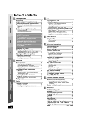 Page 44
RQT9479
Getting started 
TV Radio Playback
Other devices
Advanced operations
Reference Optional speaker 
settings
Table of contents
Accessories ........................................................2
IMPORTANT SAFETY INSTRUCTIONS ............3
Control reference guide (remote control) ........5
Preparing the remote control............................5
Batteries ................................................................. 5
Use...