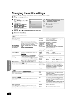 Page 3434
RQT9479
Changing the unit’s settings
Change the unit’s settings if necessary. The settings remain intact even if you switch the unit to standby.
Underlined items are the factory presets.
Setup menu operations
1While stopped
Press [BD/SD] to select “BD/
DVD”.
2 Press [SETUP].
3 Press [ 3,4] to select the 
menu and press [OK].
4 Press [ 3,4] to select the 
item and press [OK].
If there are any other items, repeat 
these steps.
5 Press [ 3,4,2,1] to select the option and press [OK].
≥ There may be...