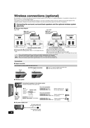 Page 4242
RQT9479
Wireless connections (optional)
By connecting 1 or 2 units of the optional Panasonic wireless system SH-FX70 with 2 or 4 additional speakers, it is possible to change this unit 
into a 4.1 ch or 6.1 ch home theater system.
This systems surround sound effect settings will change ( >15) and it is possible to listen to the tr ue, original surround audio signals of the 
playback contents. (However, the center channel included in the audio source will be output from the front L R speakers.)
∫...