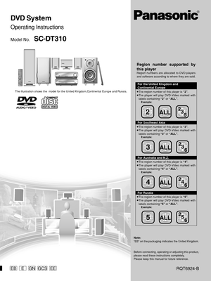 Page 1DVD System
GNGCSEBEEE
Operating Instructions
Model No.  SC-DT310
Model No.
AUDIO/VIDEO
DVD / CD PLAYERDOUBLE
RE-MASTERSL-DT310
AV SYSTEMSLEEPGROUPREPEAT/
MIX 2CHPLAY MODE/
P.MEMORYCANCEL
SKIPCHTOP MENUDISPLAYVOLUMEMUTINGFL DISPLAY AUDIO ONLY C.FOCUSCSMSFCSUBWOOFER
LEVELFM MODE
SETUPCH SELECTTESTDELAY TIME
RETURN
TV VOLsTV VOLrDIRECT
NAVIGATORPLAY LISTMENUSLOW/SEARCHS10/-/--123
456
78
09TV/AVTUNERDVD TV VCRBANDCD AUX EXT
ENTERPLRDS
DOUBLE
RE-MASTERSA-DT310SELECTDIGITAL
INPUTÍ/IAV CONTROL RECEIVERDOWN...