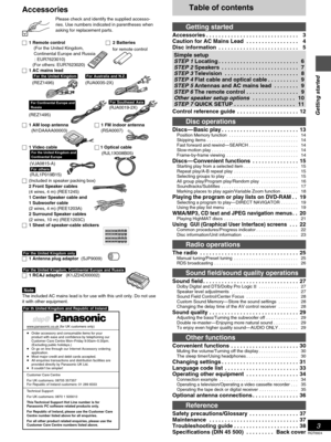 Page 33
Getting started
RQT6924
Table of contents
Getting started
Accessories . . . . . . . . . . . . . . . . . . . . . . . . . . . . . . 13
Caution for AC Mains Lead . . . . . . . . . . . . . . . . . 14
Disc information . . . . . . . . . . . . . . . . . . . . . . . . . . 15
 Simple setup
 
STEP 1 Locating . . . . . . . . . . . . . . . . . . . . . . . . . .  6
 
STEP 2 Speakers . . . . . . . . . . . . . . . . . . . . . . . . .  7
 
STEP 3 Television . . . . . . . . . . . . . . . . . . . . . . . .  8
 STEP 4...