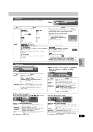 Page 2323
RQT7061
ON-SCREEN
DISPLAYS
These functions work only when the elapsed play time is displayed.
Not available when playing CDs and MP3 discs.
∫When you have set “TV Type” to “Aspect 4:3 & 
480P” or “Aspect 16:9 & 480P” in SETUP 
(➡page 11)
∫When “User” is selected
Select “Detail picture adjustment”. (“User” ➡ [2] ➡ [4] ➡ [ENTER])
Page 1/2 of “Detail picture adjustment”
Press [ENTER] to enter the setting.Press [3] or [4] until page 2/2 appears.
Page 2/2 of “Detail picture adjustment”
Press [ENTER] to...