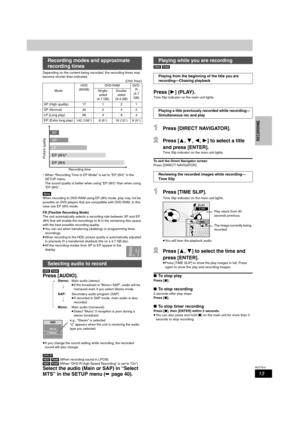 Page 1313
RQT7619
RECORDING
Depending on the content being recorded, the recording times may 
become shorter than indicated.
(Unit: hour)
§When “Recording Time in EP Mode” is set to “EP (6H)” in the 
SETUP menu.
The sound quality is better when using “EP (6H)” than when using 
“EP (8H)”.
[Note]
When recording to DVD-RAM using EP (8H) mode, play may not be 
possible on DVD players that are compatible with DVD-RAM. In this 
case use EP (6H) mode.
FR (Flexible Recording Mode)
The unit automatically selects a...