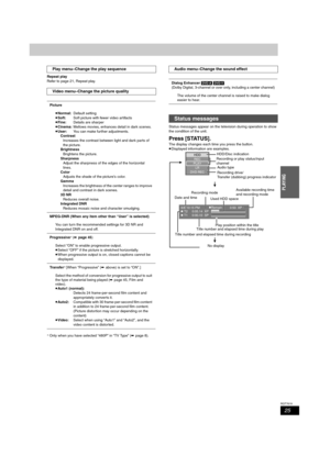 Page 2525
RQT7619
PLAYING
Repeat play 
Refer to page 21, Repeat play.
§Only when you have selected “480P” in “TV Type” (➡page 8).Status messages appear on the television during operation to show 
the condition of the unit.
Press [STATUS].
The display changes each time you press the button.
≥Displayed information are examples.
Play menu–Change the play sequence
Video menu–Change the picture quality
Picture
≥Normal:Default setting
≥Soft: Soft picture with fewer video artifacts
≥Fine:  Details are sharper...