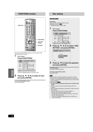 Page 3434
RQT7619
CONVENIENT
FUNCTIONS
FUNCTIONS window
By using the FUNCTIONS window you may access the main 
functions quickly and easily.
1While stopped
Press [FUNCTIONS].
Functions displayed depend on the type of disc.
2Press [3,4,2,1] to select an item 
and press [ENTER].
To exit the FUNCTIONS window
Press [FUNCTIONS].
CH
VOLUME
SKIP
STOP PAUSE PLAY/x1.3SLOW/SEARCH
CANCEL
123
4
56
789
0
HOME THEATER TV
MULTI REARS POSITIONC FOCUS
CH SELECTRETURN
ERASEREC MODETIME SLIP
L1/OPT
TOP MENU
ENTER
DIRECT...