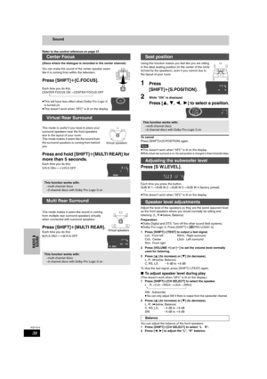 Page 3838
RQT7619
RADIO & 
SOUND
Sound
Refer to the control reference on page 37.
(Discs where the dialogue is recorded in the center channel)
You can make the sound of the center speaker seem 
like it is coming from within the television.
Press [SHIFT]r[C.FOCUS].
Each time you do this:
CENTER FOCUS ON>CENTER FOCUS OFF
 ^------------"-------------""-"""""---=}
≥This will have less effect when Dolby Pro Logic II 
is turned on.
≥This doesn’t work when “SFC” is lit on the display....