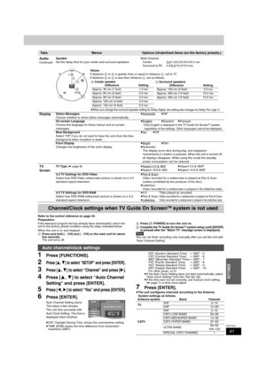 Page 4141
RQT7619
SETTINGS
Refer to the control reference on page 39.
Preparation:
If the television program list has already been downloaded, return the 
unit to the factory preset condition using the steps indicated below.
When the unit is on and stopped
1Press and hold [XCH] and [WCH] on the main unit for about 
five seconds.
The unit turns off.2Press [ÍPOWER] to turn the unit on.
3
Complete the TV Guide On ScreenTM system setup (until [ENTER] 
is pressed after the “Watch TV” message screen is displayed)....