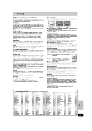 Page 4545
RQT7619
INFO
Glossary
CPRM (Content Protection for Recordable Media)
CPRM is technology used to protect broadcasts that are allowed to
be recorded only once. Such broadcasts can be recorded only with
CPRM compatible recorders and discs.
Dolby Digital
This is a method of coding digital signals developed by Dolby Labo-
ratories. Apart from stereo (2-channel) audio, these signals can also
be multi-channel audio. A large amount of audio information can be
recorded on one disc using this method.
When...