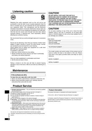 Page 2626
RQT7949
Reference
Listening caution
Selecting fine audio equipment such as the unit you’ve just
purchased is only the start of your musical enjoyment. Now it’s
time to consider how you can maximize the fun and excitement
your equipment offers. This manufacturer and the Electronic
Industries Association’s Consumer Electronics Group want you
to get the most out of your equipment by playing it at a safe level.
One that lets the sound come through loud and clear without
annoying blaring or distortion-and,...