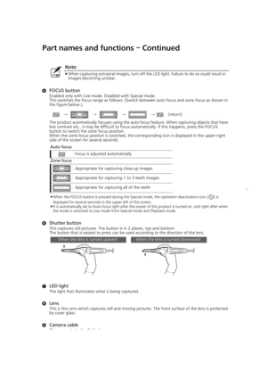 Page 1414
Part names and functions – Continued
5FOCUS button
Enabled only with Live mode. Disabled with Special mode.
This switches the focus range as follows. (Switch between auto focus and zone focus as shown in 
the figure below.)
The product automatically focuses using the auto focus feature. When capturing objects that have 
less contrast etc., it may be difficult to focus automatically. If this happens, press the FOCUS 
button to switch the zone focus position. 
When the zone focus position is switched,...