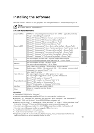 Page 1919
Using with a PC
Preparation
Installing the software
Dental@i Viewer is software to save, play back and manage of Intraoral Camera images on your PC.
System requirements
Limitations
≥The supplied CD-ROM is for Windows
®.
≥ Operation cannot be guaranteed for all PCs in the recommended environment.
≥ Windows
® 3.1, Windows® 95, Windows® 98, Windows® 98 SE, Windows® Me, Windows NT®, 
Windows
® 2000 and Windows® Server 2003/2008 are not supported.
≥ Operation on Windows
® XP Media Center Edition, Windows®...