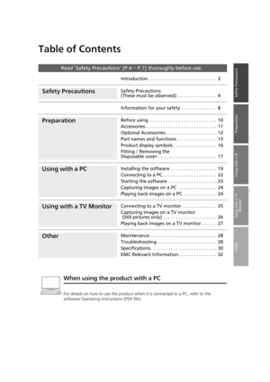 Page 33
Using with a PC
Safety Precautions
Preparation
Using with a TV Monitor
Other
Table of Contents
Read “ Safety Precautions ” (P.4 – P.7) thoroughly before use.
Introduction  . . . . . . . . . . . . . . . . . . . . . . . . . .  2
Safety PrecautionsSafety Precautions
(These must be observed)  . . . . . . . . . . . . . . .  4
Information for your safety . . . . . . . . . . . . . .  8
PreparationBefore using  . . . . . . . . . . . . . . . . . . . . . . . . . .  10
Accessories . . . . . . . . . . . . . . . ....