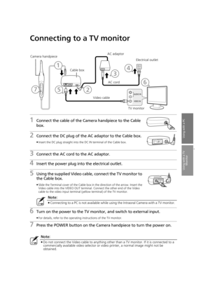 Page 2525
Using with a TV Monitor
Using with a PC
Connecting to a TV monitor
1Connect the cable of the Camera handpiece to the Cable 
box.
2Connect the DC plug of the AC adaptor to the Cable box.
≥Insert the DC plug straight into the DC IN terminal of the Cable box.
3Connect the AC cord to the AC adaptor.
4Insert the power plug into the electrical outlet.
5Using the supplied Video cable, connect the TV monitor to 
the Cable box.
≥Slide the Terminal cover of the Cable box in the direction of the arrow. Insert...