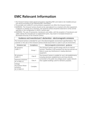 Page 3232
EMC Relevant Information
1.The Intraoral Camera needs special precautions regarding EMC and needs to be installed and put 
into service according to the following EMC information.
2.The portable and mobile RF communications  equipment can affect the Intraoral Camera.
3.WARNING: The Intraoral Camera should not be used adjacent to or stacked with other equipment.  If adjacent or stacked use is necessary, the Intraoral Camera should be observed to verify normal 
operation in the configuration in which it...