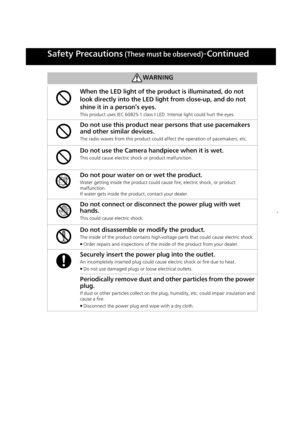 Page 66
Safety Precautions (These must be observed)–Continued
WARNING
When the LED light of the product is illuminated, do not
look directly into the LED light from close-up, and do not
shine it in a persons eyes.
This product uses IEC 60825-1 class  I LED. Intense light could hurt the eyes.
Do not use this product near persons that use pacemakers 
and other similar devices.
The radio waves from this product could affect the operation of pacemakers, etc. 
Do not use the Camera handpiece when it is wet.
This...