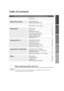 Page 33
Using with a PC
Safety Precautions
Preparation
Using with a TV Monitor
Other
Table of Contents
Read “ Safety Precautions ” (P.4 – P.7) thoroughly before use.
Introduction  . . . . . . . . . . . . . . . . . . . . . . . . . .  2
Safety PrecautionsSafety Precautions
(These must be observed)  . . . . . . . . . . . . . . .  4
Information for your safety . . . . . . . . . . . . . .  8
PreparationBefore using  . . . . . . . . . . . . . . . . . . . . . . . . . .  10
Accessories . . . . . . . . . . . . . . . ....