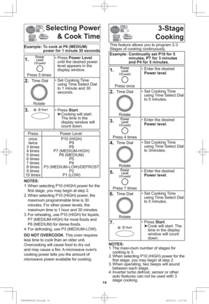 Page 1614
Selecting Power
& Cook Time
Example: To cook at P6 (MEDIUM)
power for 1 minute 30 seconds
1.
    
Press 5 times• Press Power Level 
until the desired power 
level appears in the 
display window.
2.  Time Dial
Rotate• Set Cooking Time 
using Time Select Dial 
to 1 minute and 30 
seconds.
3.
  • Press Start.

Cooking will start. 
The time in the 
display window will 
count down.
Press Power Level
once
twice
3 times
4 times
5 times
6 times
7 times
8 times
9 times
10 timesP10 (HIGH)
P9
P8
P7...