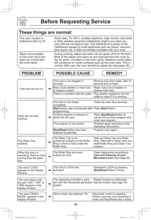 Page 3129
Before Requesting Service
These things are normal:
The oven causes in-
terference with my TV.Some radio, TV, Wi-Fi, cordless telephone, baby monitor, blue tooth 
or other wireless equipment interference might occur when you 
cook with the microwave oven. This interference is similar to the 
interference caused by small appliances such as mixers, vacuums, 
blow dryers, etc. It does not indicate a problem with your oven.
Steam accumulates 
on the oven door and 
warm air comes from 
the oven vents.During...