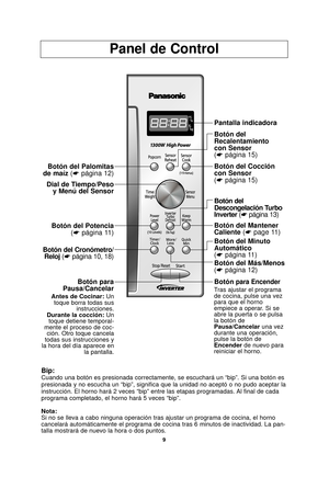 Page 119
Panel de Control
Bip:Cuando una botón es presionada correctamente, se escuchará un “\
bip”. Si una botón es
presionada y no escucha un “bip”, significa que la unidad no acept\
ó o no pudo aceptar la
instrucción. El horno hará 2 veces “bip” entre las etapas pr\
ogramadas. Al final de cada
programa completado, el horno hará 5 veces “bip”.
Nota:
Si no se lleva a cabo ninguna operación tras ajustar un programa de c\
ocina, el horno
cancelará automáticamente el programa de cocina tras 6 minutos de \...