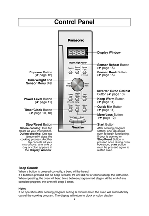 Page 119
Control Panel
Beep Sound:
When a button is pressed correctly, a beep will be heard.
If a button is pressed and no beep is heard, the unit did not or cannot \
accept the instruction.
When operating, the oven will beep twice between programmed stages. At the end of any
complete program, the oven will beep 5 times.
Note:
If no operation after cooking program setting, 6 minutes later, the oven will automatically
cancel the cooking program. The display will return to clock or colon display.
Popcorn Button...