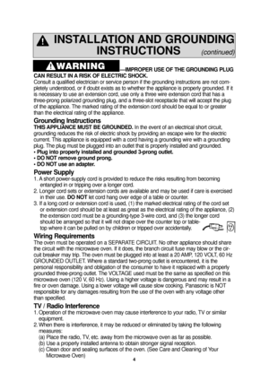 Page 64
—IMPROPER USE OF THE GROUNDING PLUG
CAN RESULT IN A RISK OF ELECTRIC SHOCK. 
Consult a qualified electrician or service person if the grounding instr\
uctions are not com-
pletely understood, or if doubt exists as to whether the appliance is pr\
operly grounded. If it
is necessary to use an extension cord, use only a three wire extension c\
ord that has a
three-prong polarized grounding plug, and a three-slot receptacle that w\
ill accept the plug
of the appliance. The marked rating of the extension...