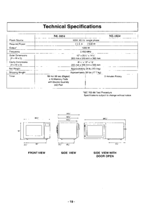 Page 19Tech n ieal Specifications
NE-r0s4NE-r024
Power Source120V, 60 Hz, single phase
Reouired Power13.4 n1500w
Output.1000 w
Frequency2,450 MHz
Outer Dimensions
(HxWxD)
12 x201 x14/
306 mm x 5l0 mm x 360 mm
Cavity Dimensions
(HxWxD)
8/,e x 13 x 13
205 mm x 330 mm x 330 mm
Net WeightApproximately 34 lb (15.4 kg)
Shipping WeighlApproximately 39 lbs (17.7 kg)
Timer99 min 99 sec (Digital)
xl 0 Memory Pads
with Double Quantity
(x2) Pad
5 minules Rotary
-lEC 705-88 Test Procedure
Specifications subject to change...