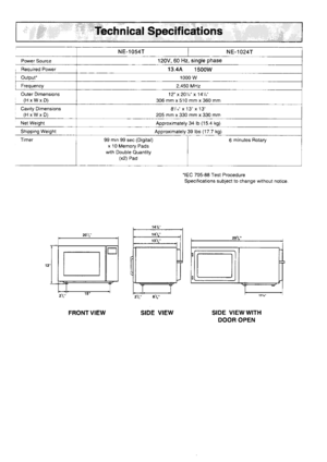 Page 19NE-10547NE-10247
Power Source120V,60 Hz, single phase
Required Power13.44 1500W
Output1000 w
Frequency2,450 MNZ
Outer Dimensions
(HxWxD)
12 x2O/; x 14/;
306 mm x 510 mm x 360 mm
Cavity Dimensions
(HxWxD)
8l, x 13x 13
205 mm x 330 mm x 330 mm
NetApproximately 34 lb (15.4 kg)
Approximately 39 lbs (17.7 kg)
Timer99 min 99 sec (Digital)
x 10 Memory Pads
with Double Quantity
(x2) Pad
6 minutes Rotary
FRONTVIEW
.lEC 705-88 Test Procedure
Specifications subject to change without notice.
SIDE VIEWWITH
DOOR OPEN 