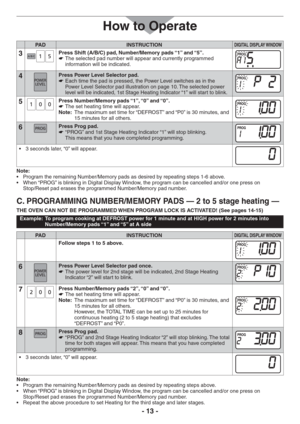 Page 13- 13 -
PAD INSTRUCTIONDIGITAL DISPLAY WINDOW
3Press Shift (A/B/C) pad, Number/Memory pads “1” and “5”.
The selected pad number will appear and currently programmed    
information will be indicated.
4Press Power Level Selector pad.
Each time the pad is pressed, the Power Level switches as in the    
Power Level Selector pad illustration on page 10. The selected power 
level will be indicated, 1st Stage Heating Indicator “1” will start to blink.
5Press Number/Memory pads “1”, “0” and “0”.
The set...