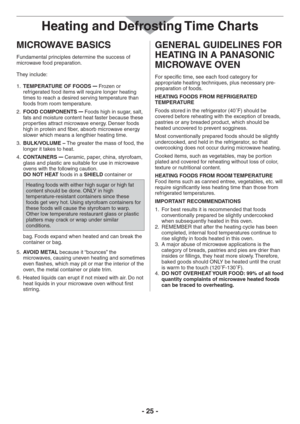 Page 25- 25 -
MICROWAVE BASICS
Fundamental principles determine the success of 
microwave food preparation.
They include:
TEMPERATURE OF FOODS  1. 
– Frozen or 
refrigerated food items will require longer heating 
times to reach a desired serving temperature than 
foods from room temperature.
FOOD COMPONENTS  2. 
– Foods high in sugar, salt, 
fats and moisture content heat faster because these 
properties attract microwave energy. Denser foods 
high in protein and fiber, absorb microwave energy 
slower which...