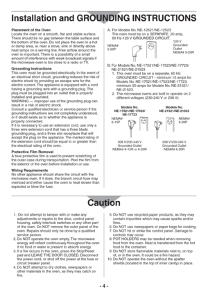Page 4- 4 -
Placement of the Oven
Locate the oven on a smooth, flat and stable surface. 
There should be no gap between the table surface and 
the bottom of the oven. Do not place the oven in a hot 
or damp area, ie. near a stove, sink or directly above 
heat lamps on a serving line. Free airflow around the 
oven is important. There is a possibility of a small 
amount of interference with weak broadcast signals if 
the microwave oven is too close to a radio or TV.
Grounding Instructions
This oven must be...
