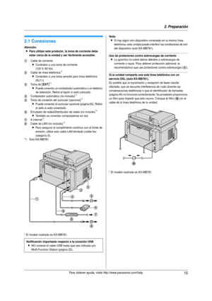 Page 152. Preparación
15Para obtener ayuda, visite http://www.panasonic.com/help
2 Pre parac ión 2Para ob tene r ay uda , vi sit e htt p://www.pan aso nic .com/hel p
Conex ione s y  co nfigu raci ón
2.1 Conexiones
Atención:
LPara utilizar este producto, la toma de corriente debe 
estar cerca de la unidad y ser fácilmente accesible.
* El modelo ilustrado es KX-MB781.
Nota:
LSi hay algún otro dispositivo conectado en la misma línea 
telefónica, esta unidad puede interferir las condiciones de red 
del dispositivo...